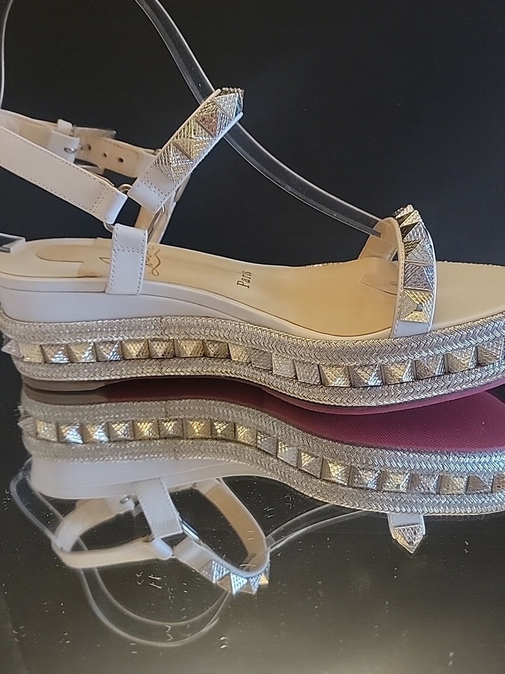 Christian Louboutinn White Kid Leather  Studded Sandals with Gold Accents Sz36 - Picture 2 of 14